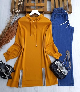 EYCE PAYET YIRTMAÇLI KAPŞONLU TUNİK B11-5-5359-19-HARDAL - 