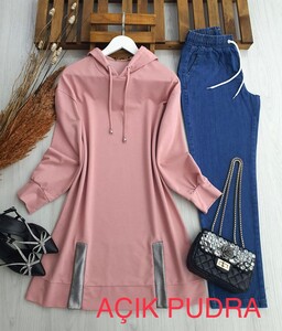 EYCE PAYET YIRTMAÇLI KAPŞONLU TUNİK B11-5-5359-74-AÇIK PUDRA - 