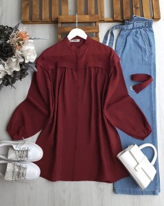 EYFDE HAKİM YAKA KANCA KEMERLİ GÖMLEK TUNİK 5559-04-BORDO - 