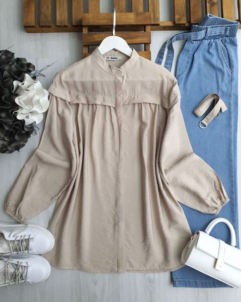 EYFDE HAKİM YAKA KANCA KEMERLİ GÖMLEK TUNİK A9-2-5559-34-BEJ - 1