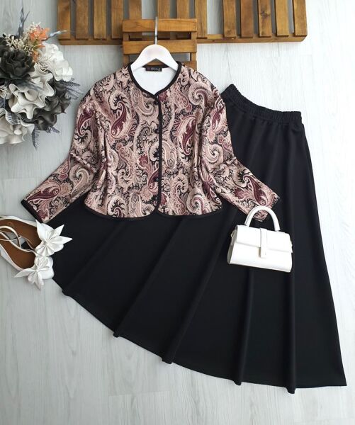 EYWA ETNİK DESENLİ ÖNÜ DÜĞMELİ ETEKLİ İKİLİ TAKIM 1668-01-SİYAH - 1