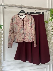 EYWA ETNİK DESENLİ ÖNÜ DÜĞMELİ ETEKLİ İKİLİ TAKIM 1668-04-BORDO - 