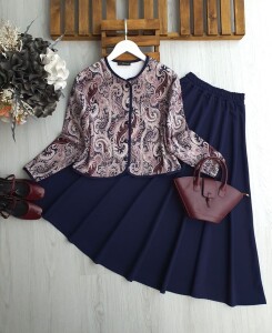 EYWA ETNİK DESENLİ ÖNÜ DÜĞMELİ ETEKLİ İKİLİ TAKIM 1668-12-LACİVERT - 1