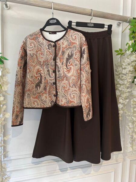 EYWA ETNİK DESENLİ ÖNÜ DÜĞMELİ ETEKLİ İKİLİ TAKIM 1668-37-KAHVE - 1