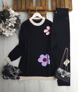 FAZG ÇİÇEK İŞLEMELİ TRİKO TUNİK B3-2-8173-01-SİYAH - 