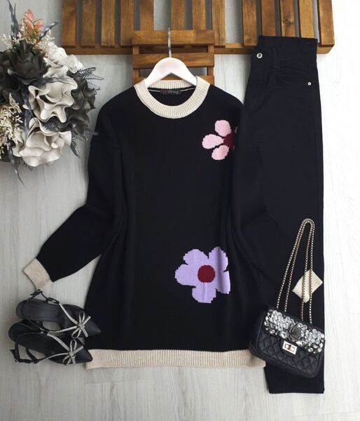 FAZG ÇİÇEK İŞLEMELİ TRİKO TUNİK B3-2-8173-01-SİYAH - 1