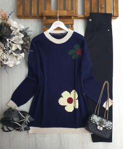 FAZG ÇİÇEK İŞLEMELİ TRİKO TUNİK B3-2-8173-12-LACİVERT - 