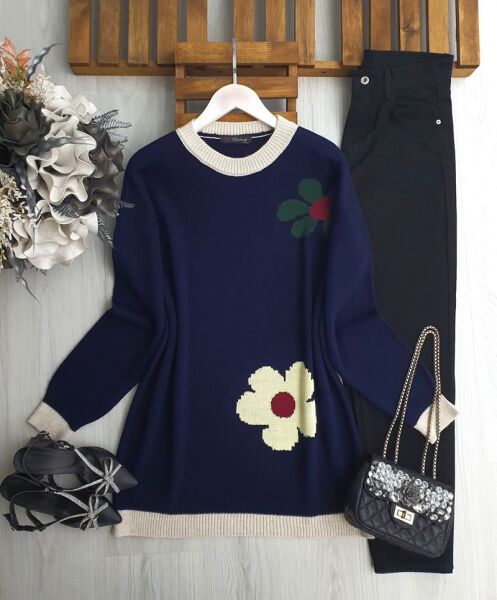 FAZG ÇİÇEK İŞLEMELİ TRİKO TUNİK B3-2-8173-12-LACİVERT - 1