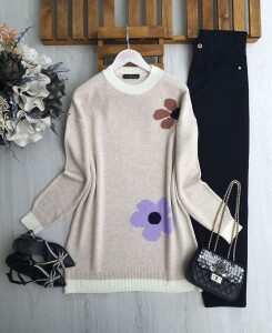 FAZG ÇİÇEK İŞLEMELİ TRİKO TUNİK B3-2-8173-34-BEJ - 