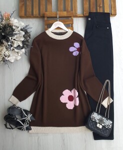 FAZG ÇİÇEK İŞLEMELİ TRİKO TUNİK B3-2-8173-37-KAHVE - 