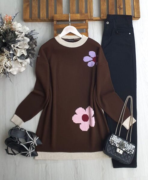 FAZG ÇİÇEK İŞLEMELİ TRİKO TUNİK B3-2-8173-37-KAHVE - 1