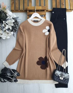 FAZG ÇİÇEK İŞLEMELİ TRİKO TUNİK B3-2-8173-48-BİSKÜVİ - 