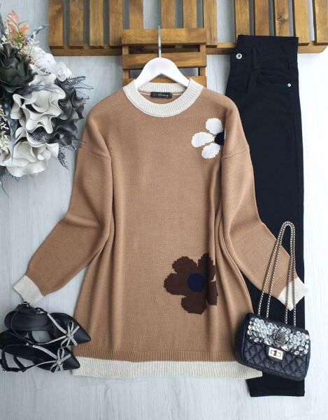 FAZG ÇİÇEK İŞLEMELİ TRİKO TUNİK B3-2-8173-48-BİSKÜVİ - 1