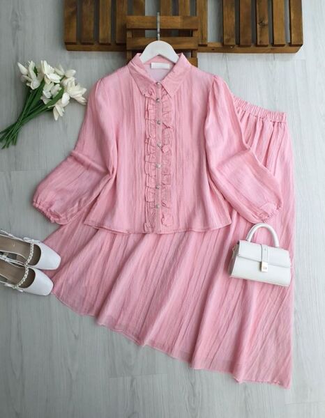 FEGA ÖNÜ FIRFIRLI ALT ÜST ASTARLI PETEK JAKAR ETEKLİ TAKIM 1759-05-PUDRA - 1