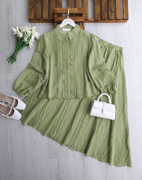 FEGA ÖNÜ FIRFIRLI ALT ÜST ASTARLI PETEK JAKAR ETEKLİ TAKIM 1759-07-YEŞİL - 1