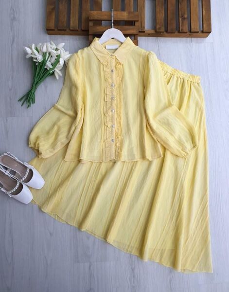 FEGA ÖNÜ FIRFIRLI ALT ÜST ASTARLI PETEK JAKAR ETEKLİ TAKIM 1759-23-SARI - 1