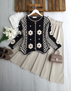 FEKD ÇİÇEK NAKIŞLI DOKUMA ÖRGÜ HIRKA 8203-01-SİYAH - 1