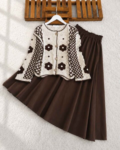 FEKD ÇİÇEK NAKIŞLI DOKUMA ÖRGÜ HIRKA C1-8203-37-KAHVE - 1
