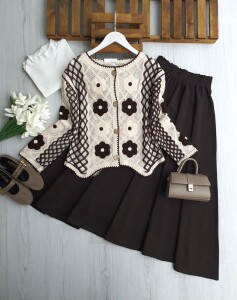 FEKD ÇİÇEK NAKIŞLI DOKUMA ÖRGÜ HIRKA 8203-37-KAHVE - 1