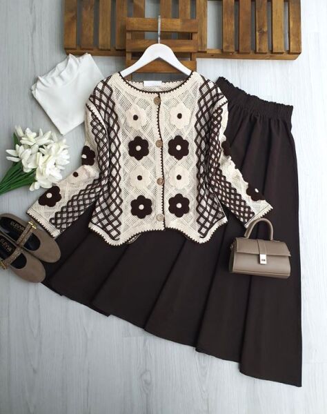 FEKD ÇİÇEK NAKIŞLI DOKUMA ÖRGÜ HIRKA 8203-37-KAHVE - 1