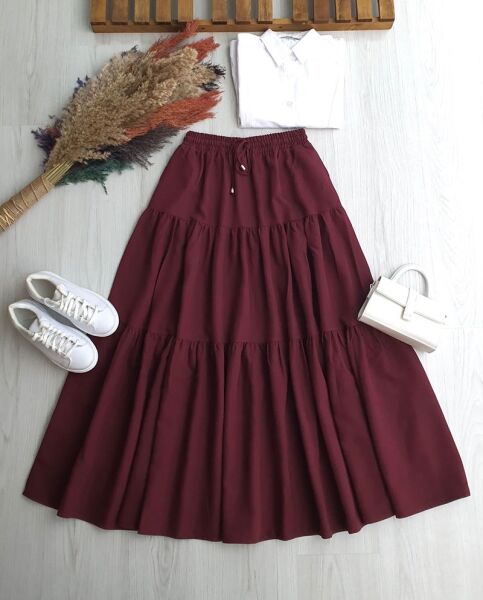 FELVA KAT KAT BELİ BAĞCIKLI VE LASTİKLİ CEPLİ ETEK 6070-04-BORDO - 1