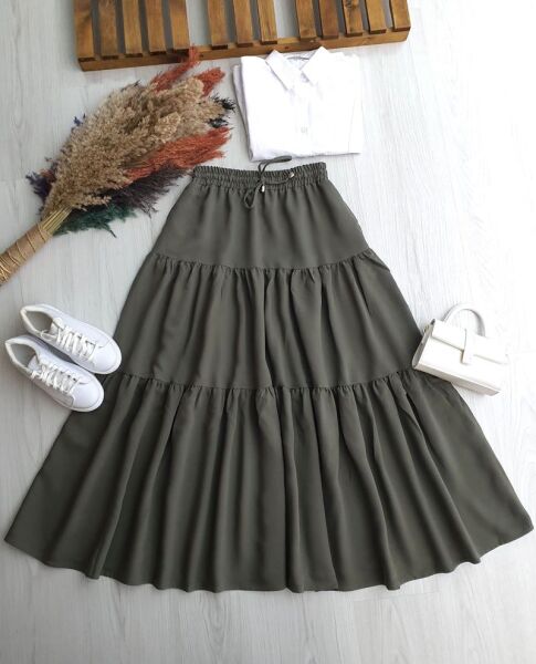 FELVA KAT KAT BELİ BAĞCIKLI VE LASTİKLİ CEPLİ ETEK 6070-09-HAKİ - 1