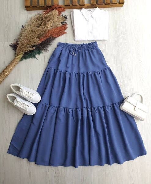 FELVA KAT KAT BELİ BAĞCIKLI VE LASTİKLİ CEPLİ ETEK 6070-11-İNDİGO - 1