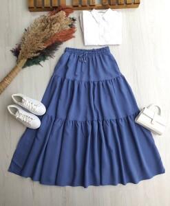 FELVA KAT KAT BELİ BAĞCIKLI VE LASTİKLİ CEPLİ ETEK C3-6070-11-İNDİGO 