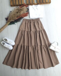 FELVA KAT KAT BELİ BAĞCIKLI VE LASTİKLİ CEPLİ ETEK 6070-25-VİZON - 