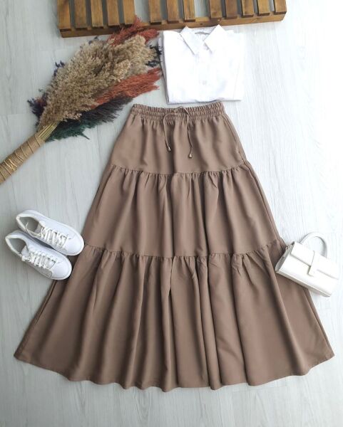 FELVA KAT KAT BELİ BAĞCIKLI VE LASTİKLİ CEPLİ ETEK 6070-25-VİZON - 1