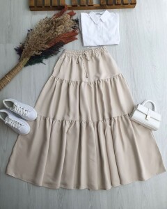 FELVA KAT KAT BELİ BAĞCIKLI VE LASTİKLİ CEPLİ ETEK 6070-34-BEJ - 