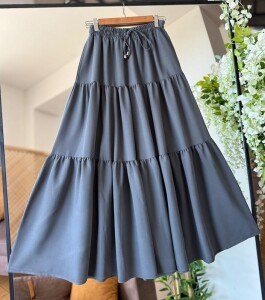 FELVA KAT KAT BELİ BAĞCIKLI VE LASTİKLİ CEPLİ ETEK C3-6070-58-FÜME - 