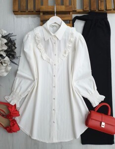 FEUN KOL GİPE FIRFIRLI GÖMLEK TUNİK B10-5-5515-20-BEYAZ - 