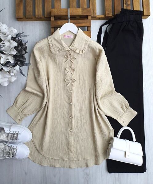 FEVSA ÖN ÜÇ KURDALE GÖMLEK TUNİK B7-4-5565-34-BEJ - 1