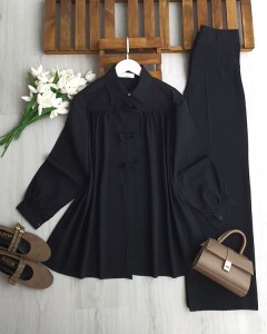 FİLSUN ÖNÜ PİLELİ AKSESUARLI GÖMLEK TUNİK 5691-01-SİYAH - 