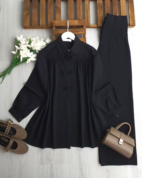 FİLSUN ÖNÜ PİLELİ AKSESUARLI GÖMLEK TUNİK 5691-01-SİYAH - 1