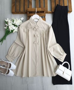 FİLSUN ÖNÜ PİLELİ AKSESUARLI GÖMLEK TUNİK 5691-34-BEJ - 