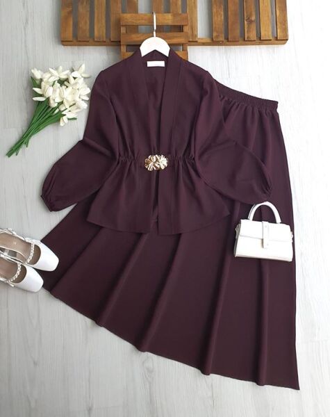 FOLFA TOKALI BELİ LASTİKLİ ETEKLİ TAKIM 1752-04-BORDO - 1