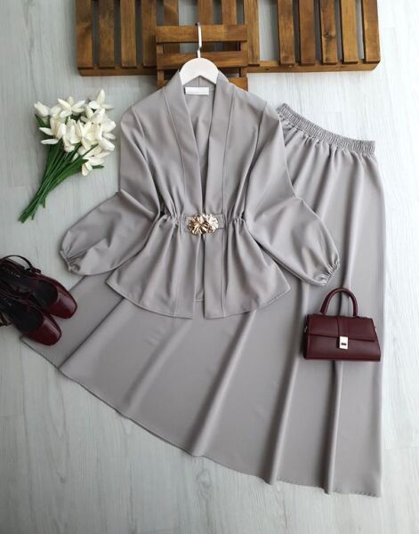 FOLFA TOKALI BELİ LASTİKLİ ETEKLİ TAKIM 1752-26-GRİ - 1