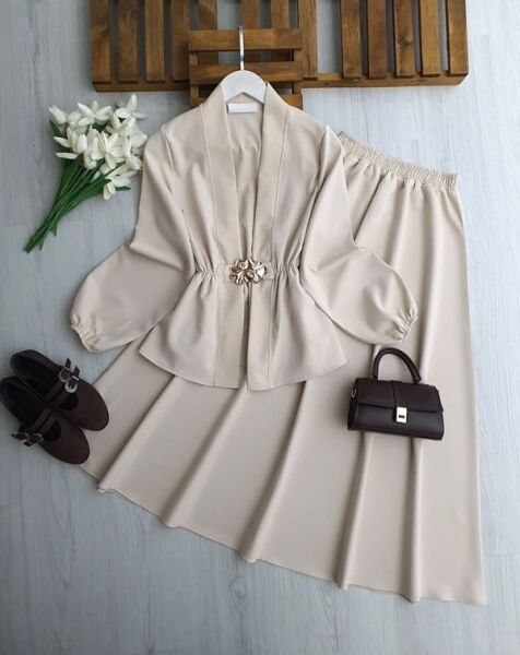 FOLFA TOKALI BELİ LASTİKLİ ETEKLİ TAKIM 1752-34-BEJ - 1