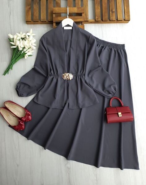 FOLFA TOKALI BELİ LASTİKLİ ETEKLİ TAKIM B9-5-1752-58-FÜME - 1