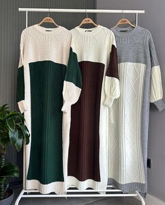 FOLV BALON KOL SAÇ ÖRGÜ TRİKO ELBİSE A6-2-8117-26-GRİ - 