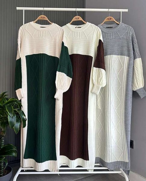 FOLV BALON KOL SAÇ ÖRGÜ TRİKO ELBİSE A6-2-8117-26-GRİ - 1