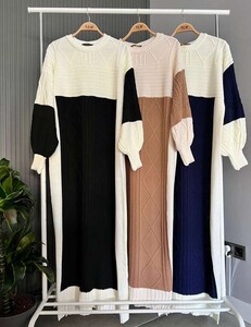 FOLV BALON KOL SAÇ ÖRGÜ TRİKO ELBİSE A6-2-8117-48-BİSKÜVİT - 