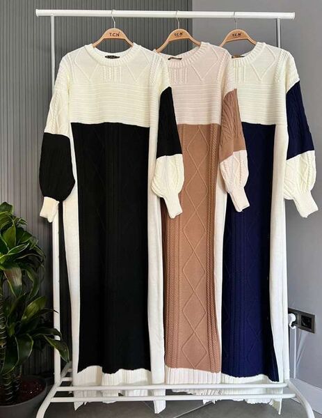 FOLV BALON KOL SAÇ ÖRGÜ TRİKO ELBİSE A6-2-8117-48-BİSKÜVİT - 1