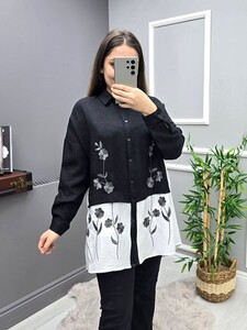 FONA ÇİFT RENK ÇİÇEK NAKIŞLI GÖMLEK B11-3-5336-01-SİYAH - 