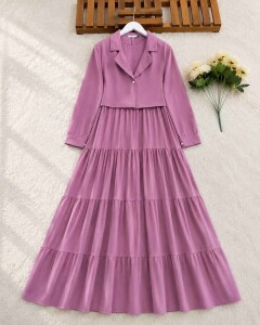 FONGA TEK DÜĞME CEKETLİ KAT KAT SIFIR KOL ELBİSE İKİLİ TAKIM 2387-61-ROSE - 