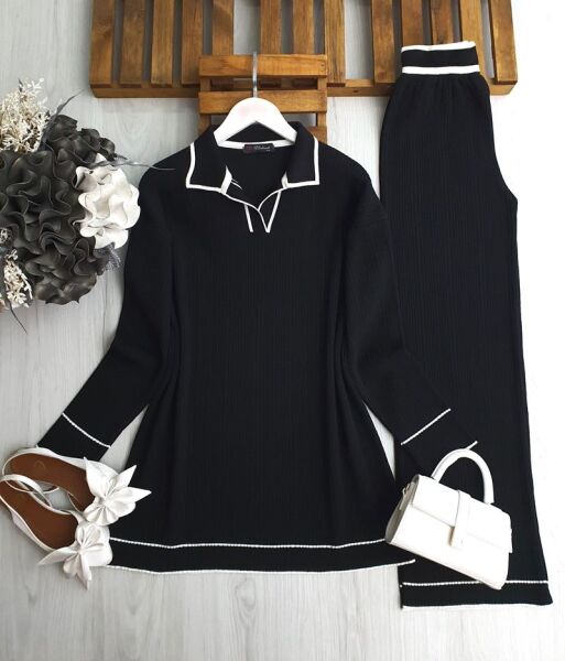 FONLE YAKALI İNCE BEYAZ GEÇİŞLİ DOKUMA TRİKO TAKIM A8-5-8146-01-SİYAH - 1