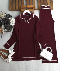 FONLE YAKALI İNCE BEYAZ GEÇİŞLİ DOKUMA TRİKO TAKIM A8-5-8146-04-BORDO - 