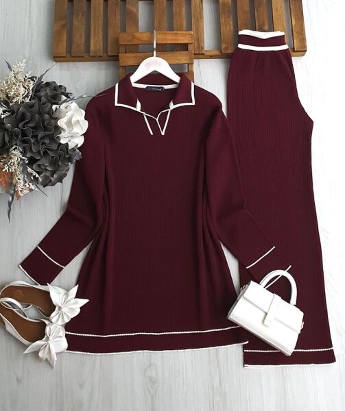 FONLE YAKALI İNCE BEYAZ GEÇİŞLİ DOKUMA TRİKO TAKIM A8-5-8146-04-BORDO - 1